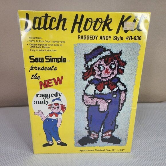 Vintage Raggedy Andy Latch Hook Rug Kit Sealed New Completed Size 12" x 24"